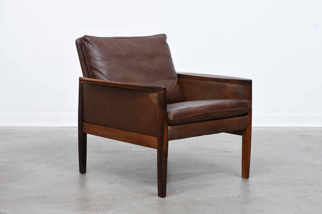 Two available: Rosewood + leather loungers by Hans Olsen