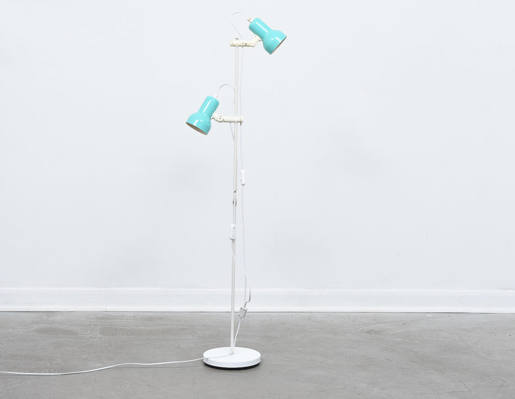 Twin-headed Danish floor lamp with turquoise shades