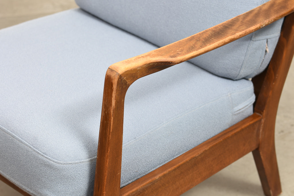 1950s beech lounger with blue wool cushions