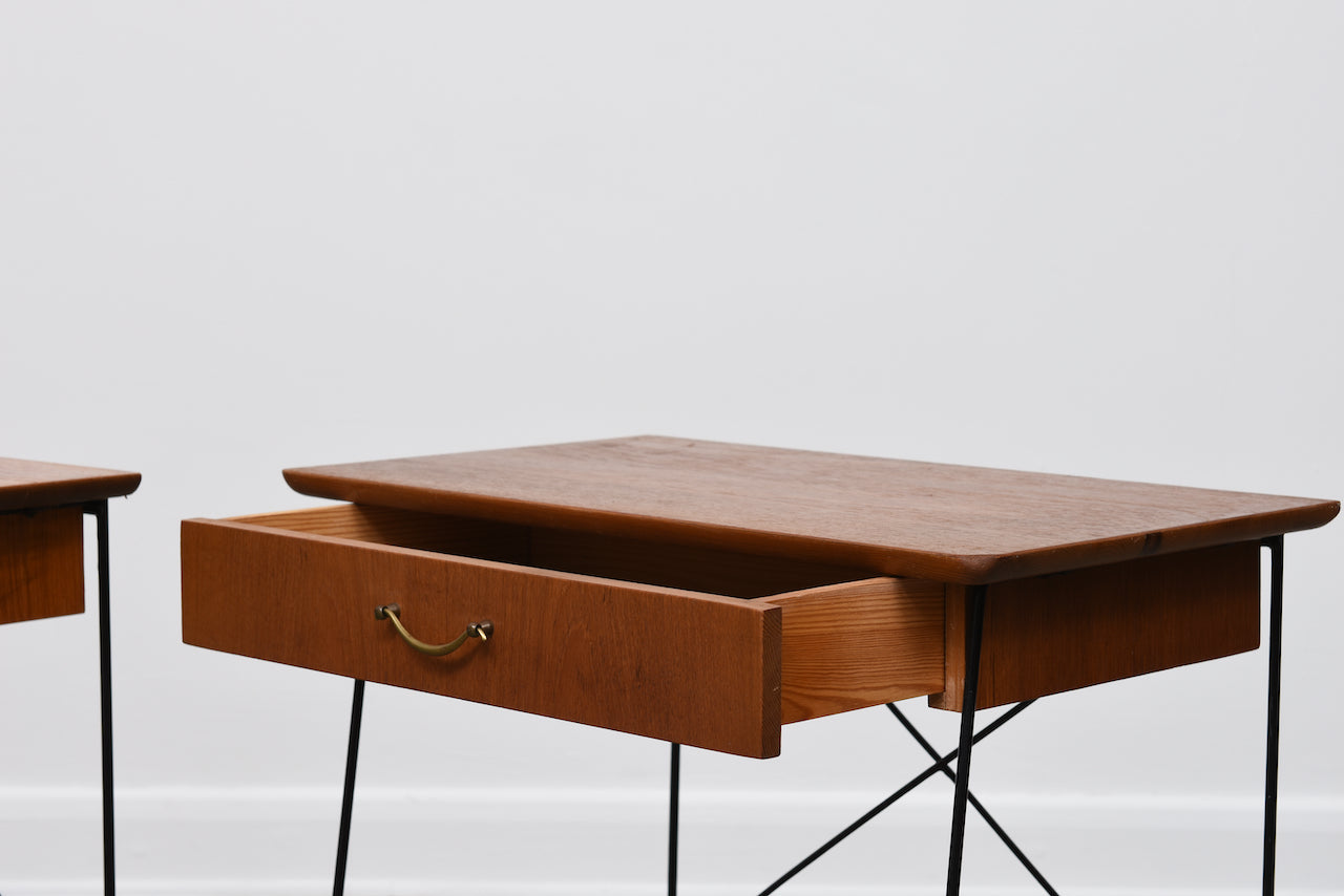Pair of 1950s teak + wire bedside tables