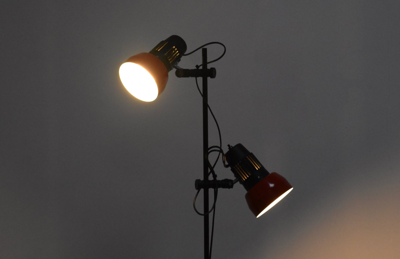Twin-headed vintage floor lamp with red shades