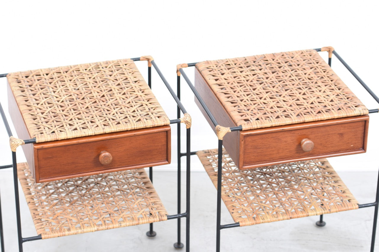 Pair of bedside tables with wrought iron framing