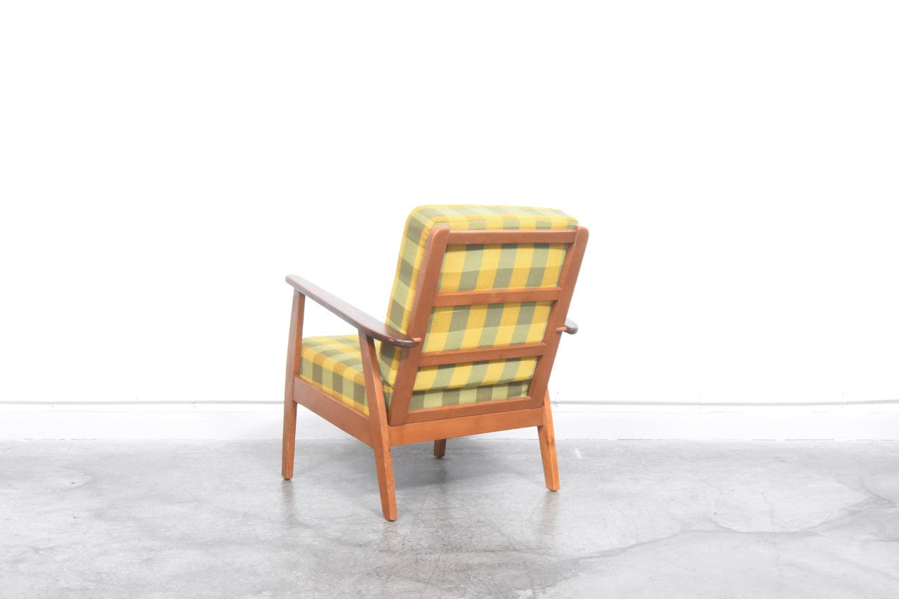Teak + oak lounger w/ plaid cushions