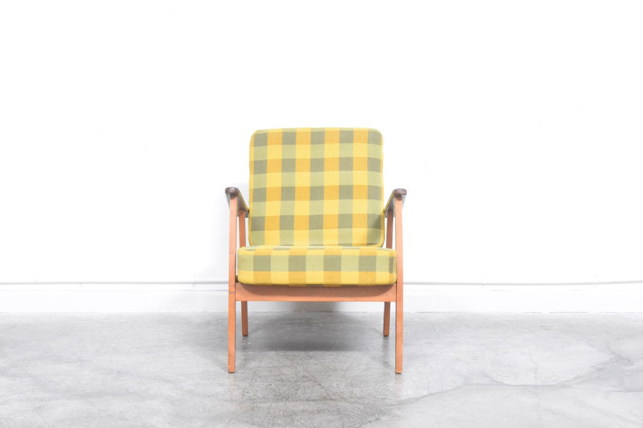 Teak + oak lounger w/ plaid cushions