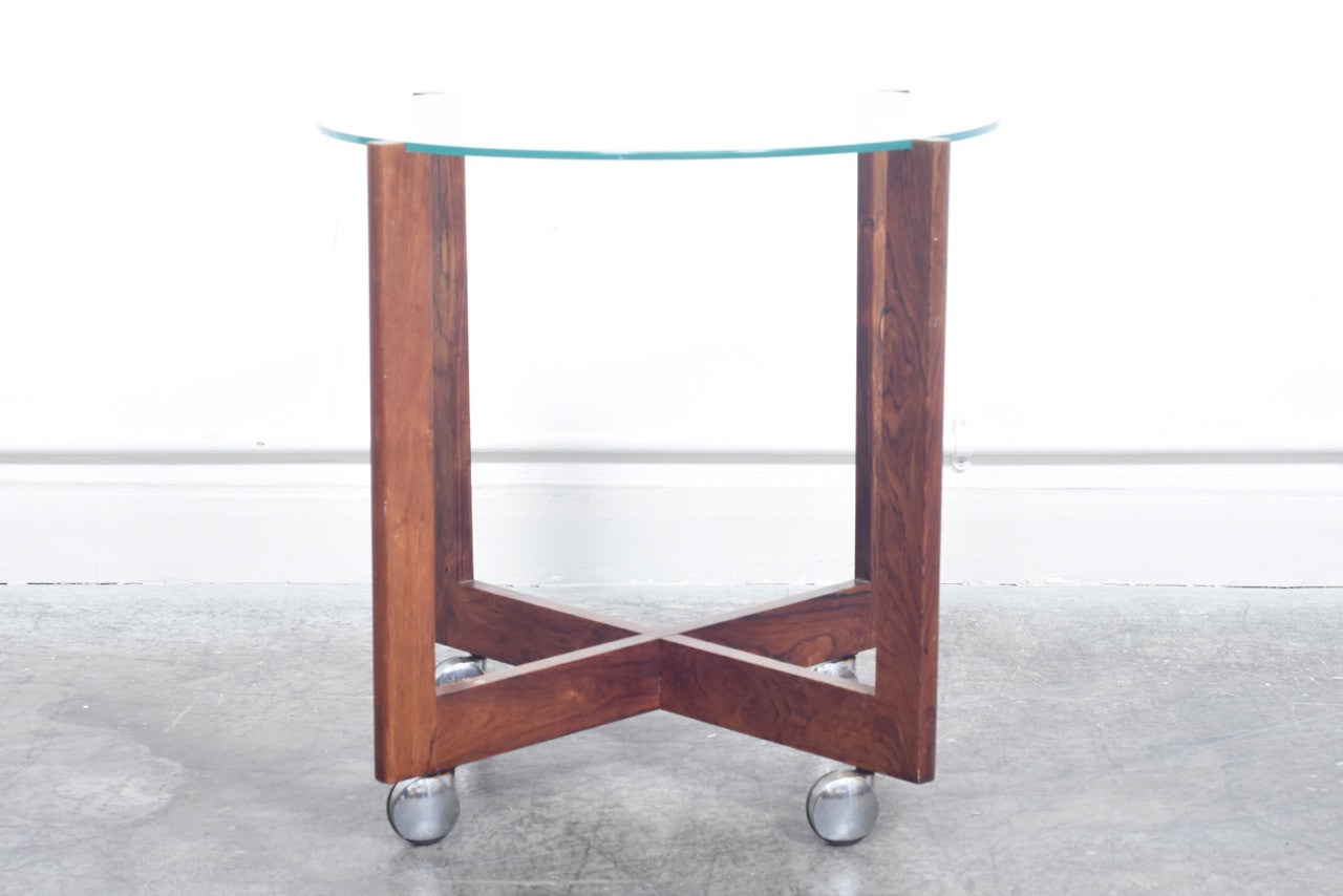 Rosewood + glass trolley table