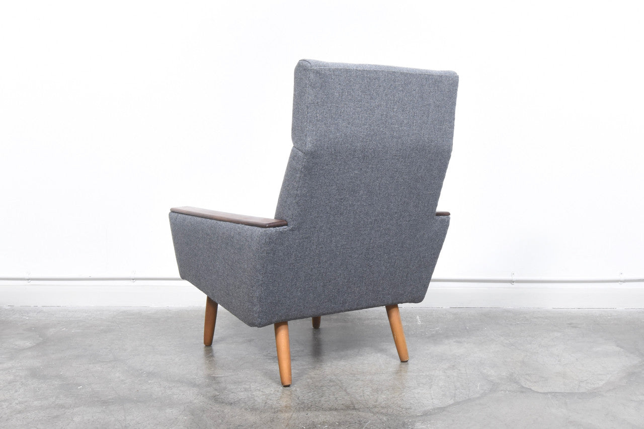 High back lounge chair with teak arms + beech legs