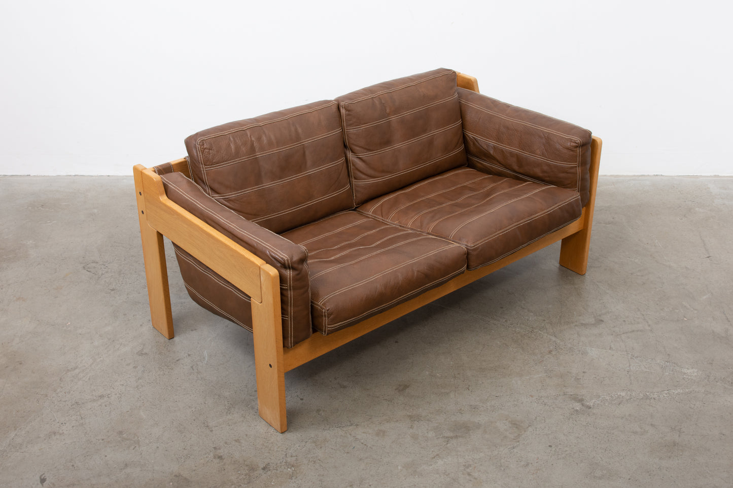 1970s oak + leather two seat sofa
