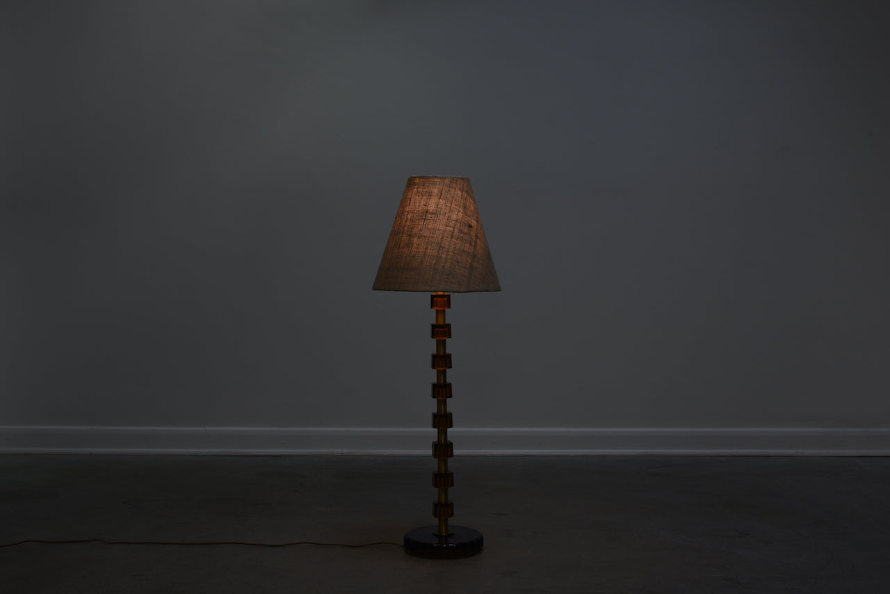 1970s amber glass + brass floor light