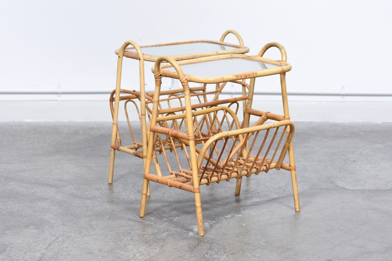 Two available: Bamboo + glass magazine / bedside tables