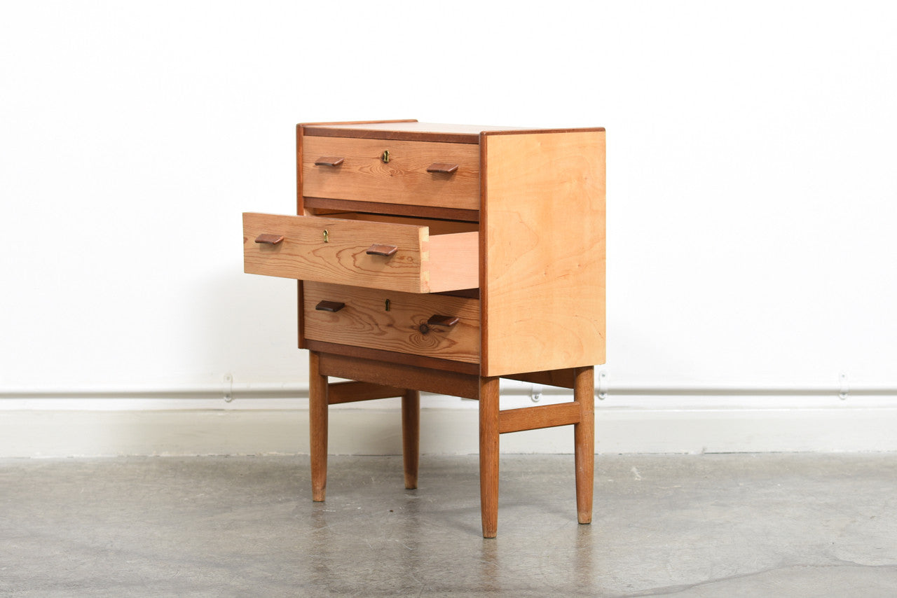 Short pine, teak + oak chest