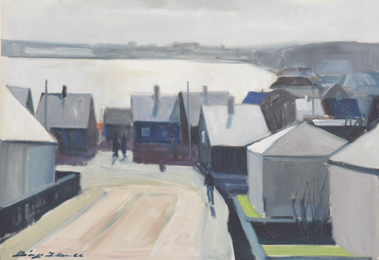1960s oil painting of Danish seaside village