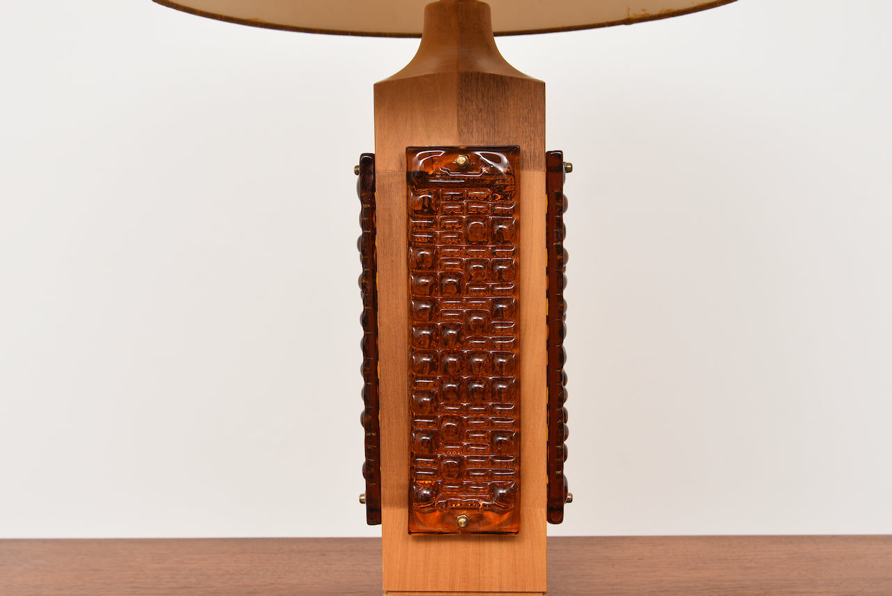 1970s Swedish oak + glass table lamp