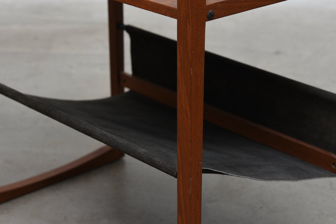 Teak + suede magazine rack