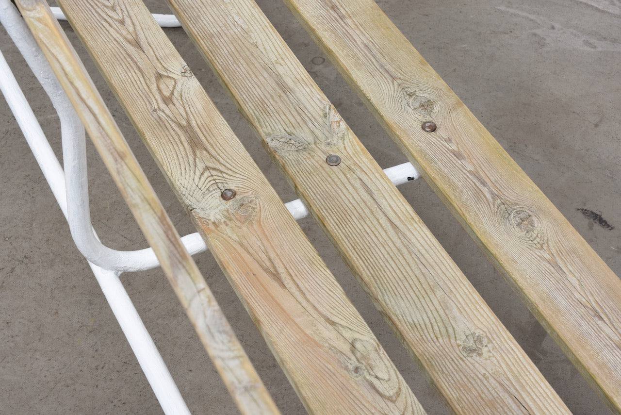 1960s Swedish pine + metal bench