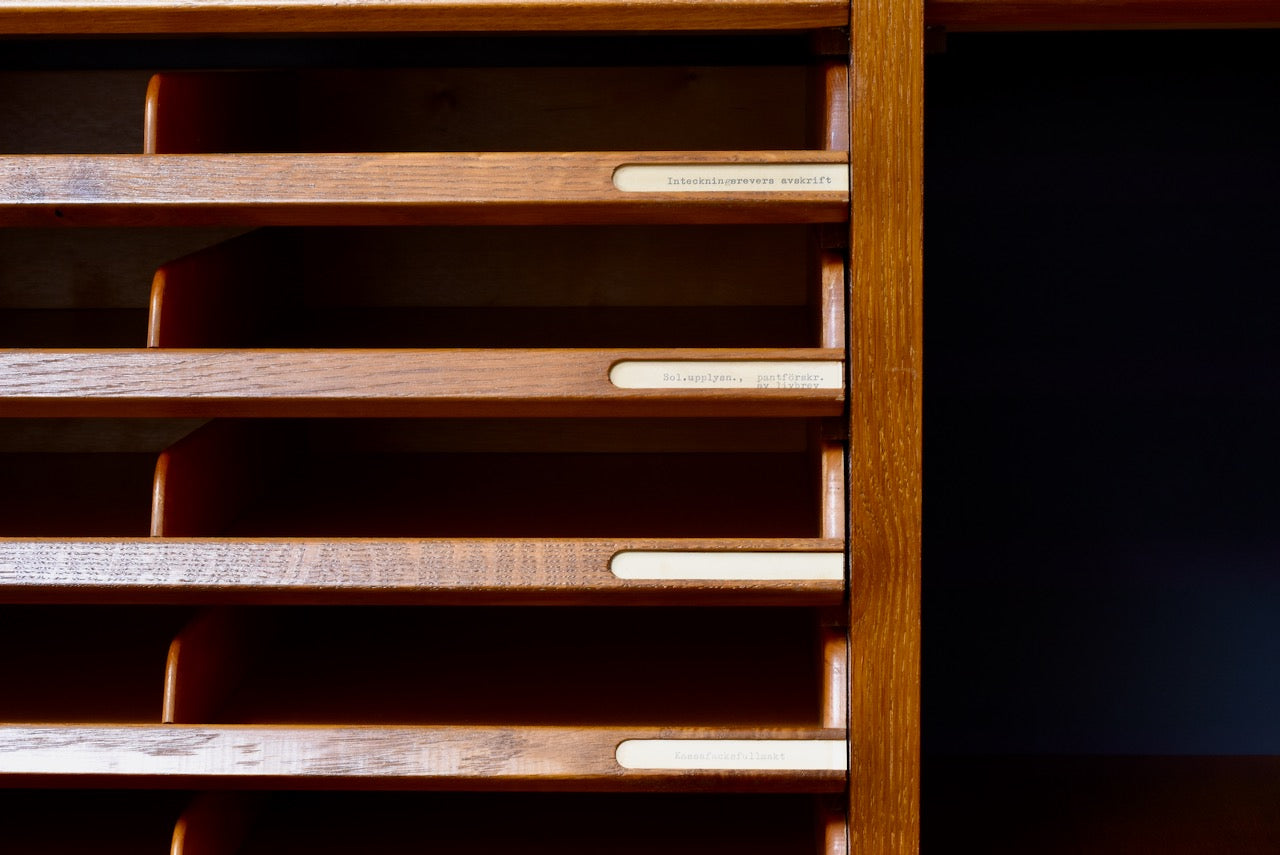 1960s teak filing cabinet with tambour door