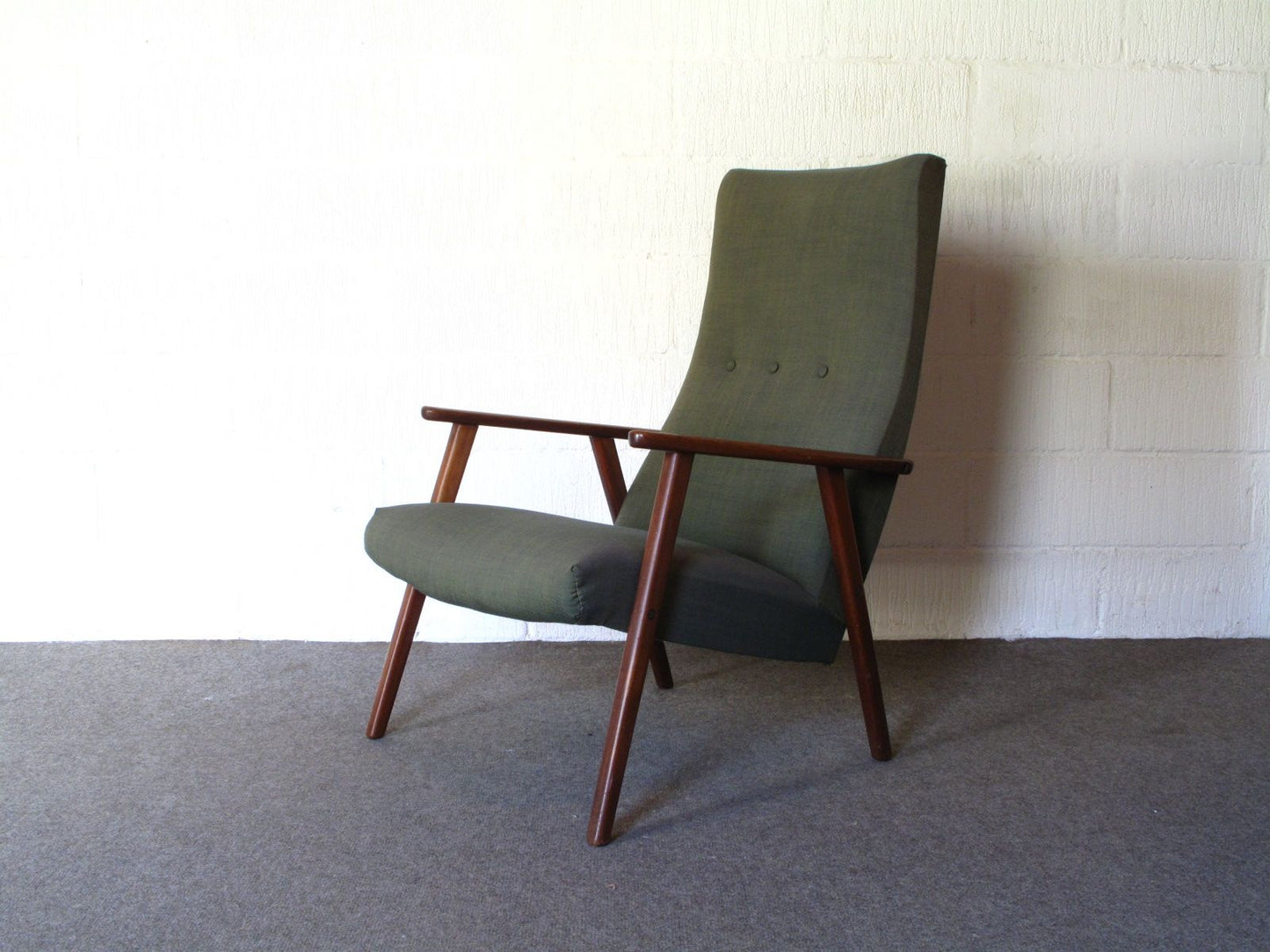 High back teak and wool lounger