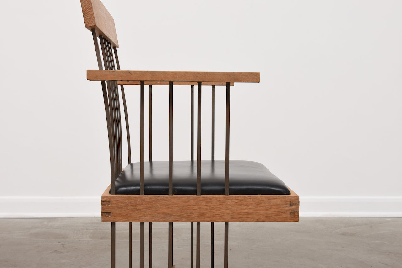 Two available: 1960s oak + iron armchairs