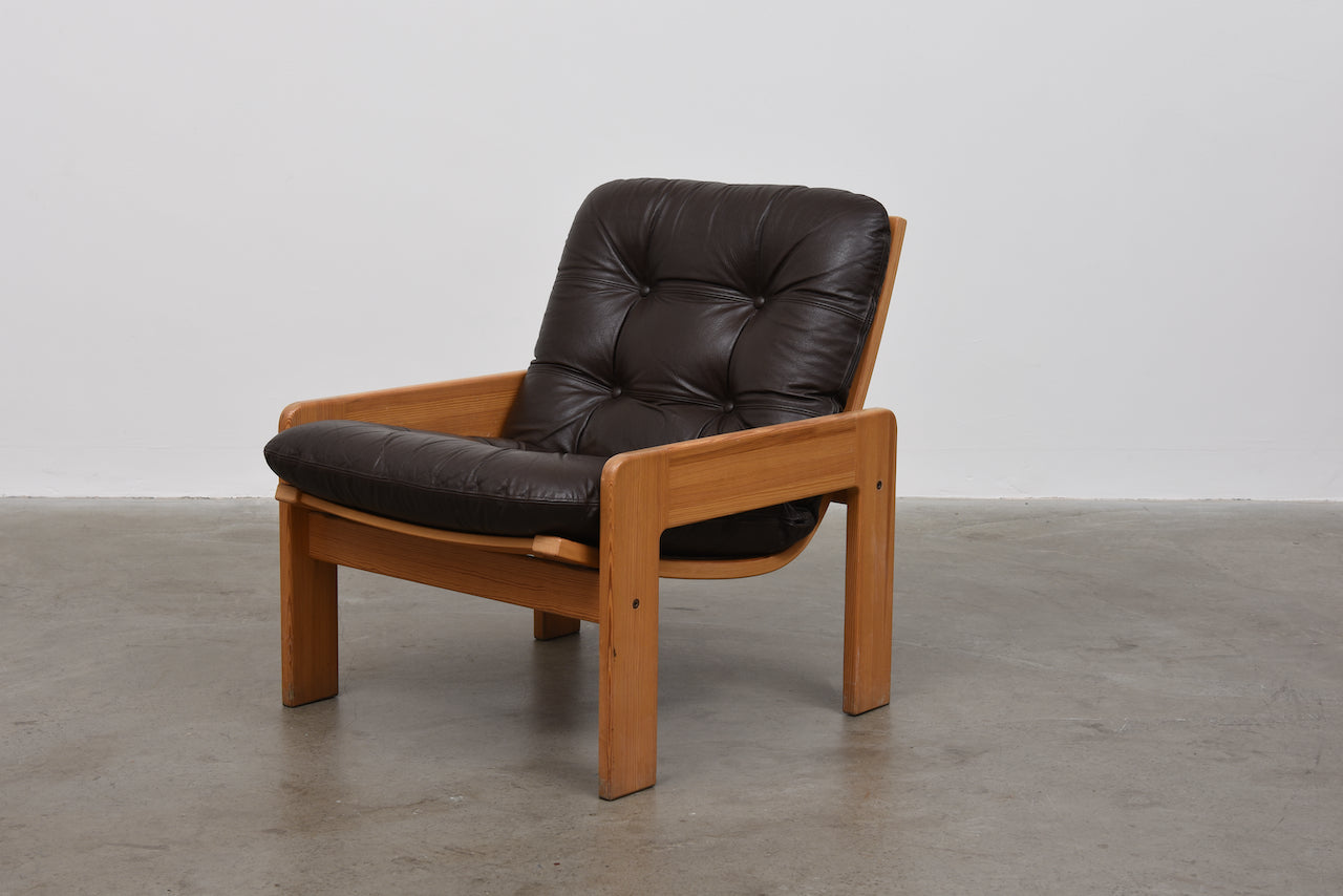 1970s pine + leather lounger by Yngve Ekström