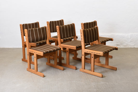 Six available: 1970s Danish pine + cord dining chairs