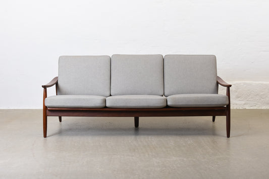 Newly reupholstered: 1960s teak + wool three seater