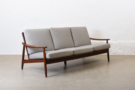 Newly reupholstered: 1960s teak + wool three seater