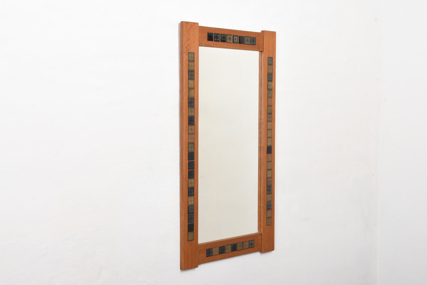 1970s oak mirror with tiled inlay