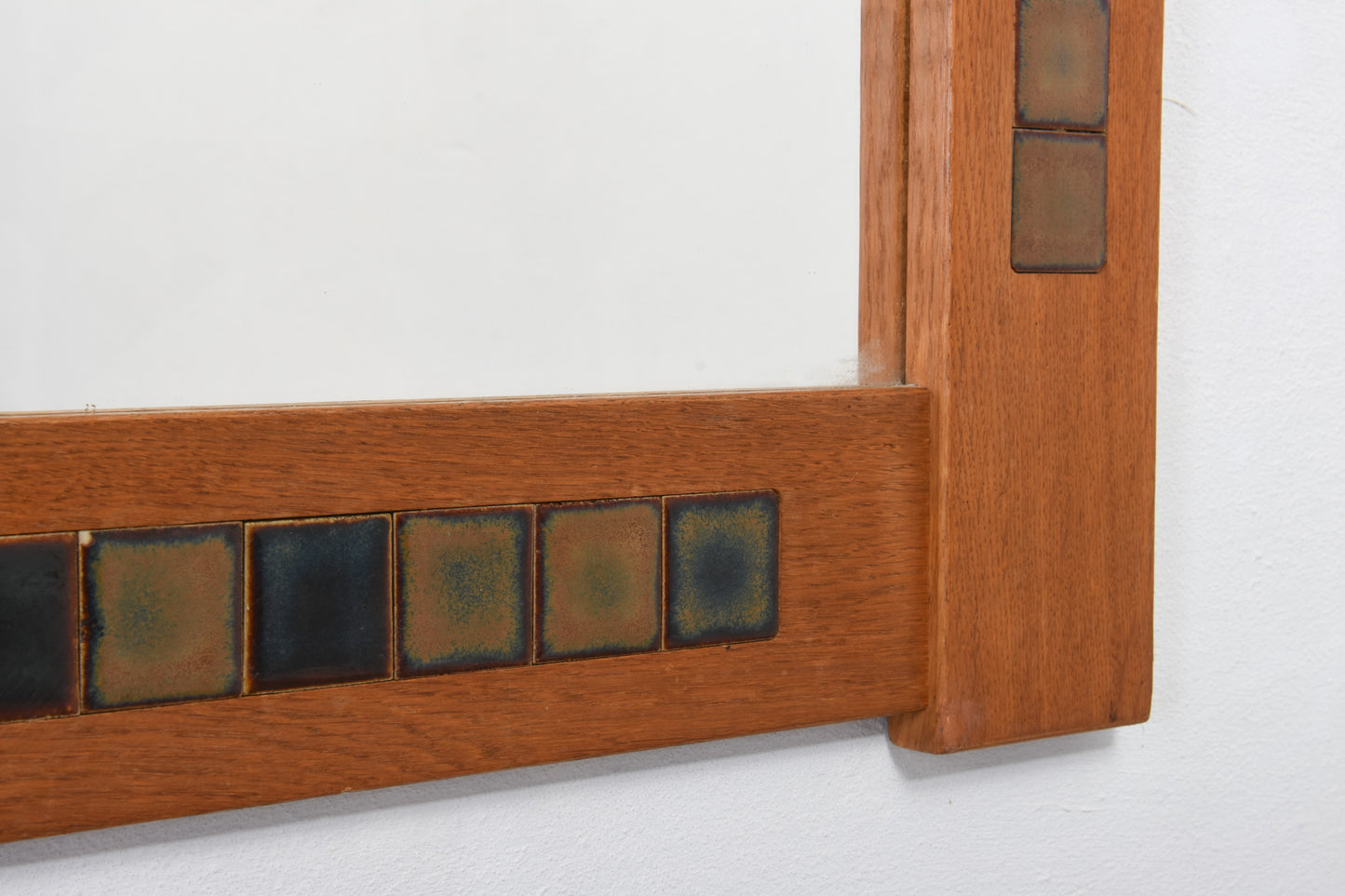 1970s oak mirror with tiled inlay