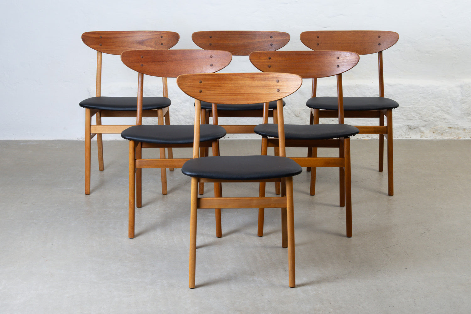 Newly reupholstered: Set of six 1960s teak + beech chairs by Farstrup