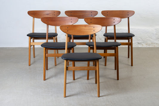 Newly reupholstered: Set of six 1960s teak + beech chairs by Farstrup