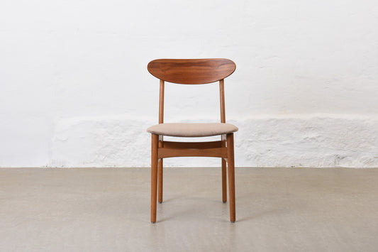 Newly reupholstered: 1960s set of four teak + oak dining chairs