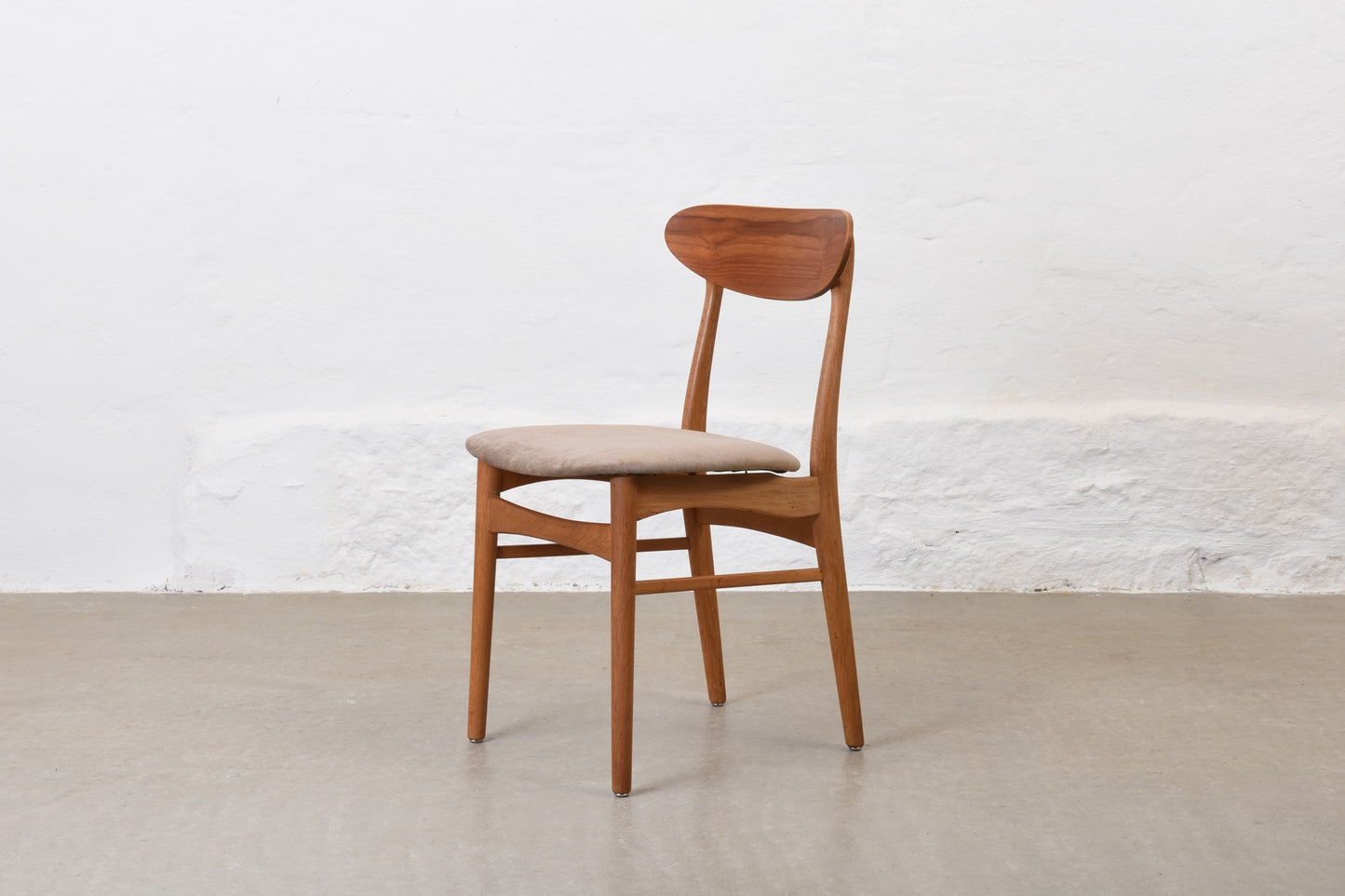 Newly reupholstered: 1960s set of four teak + oak dining chairs