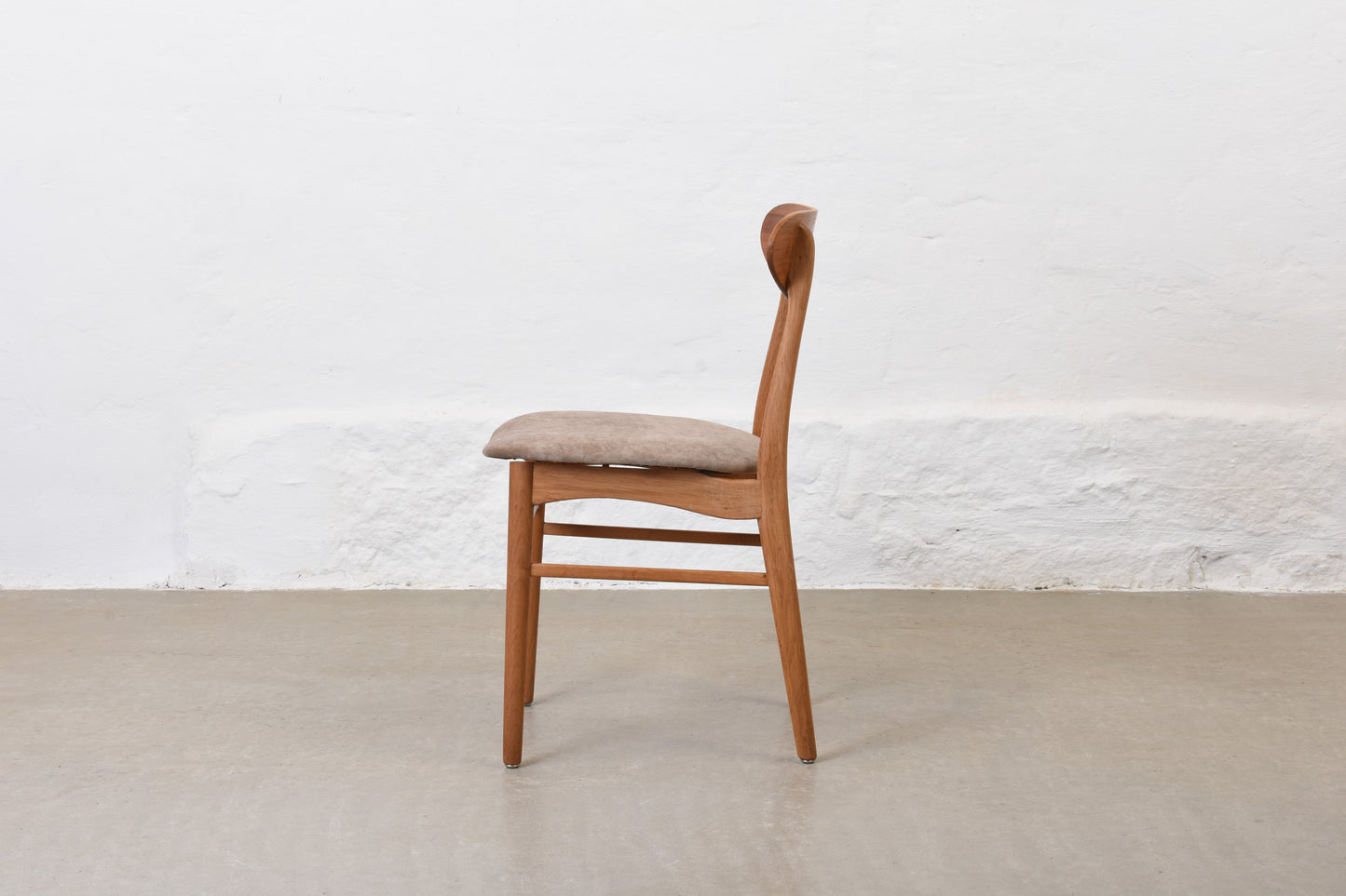 Newly reupholstered: 1960s set of four teak + oak dining chairs