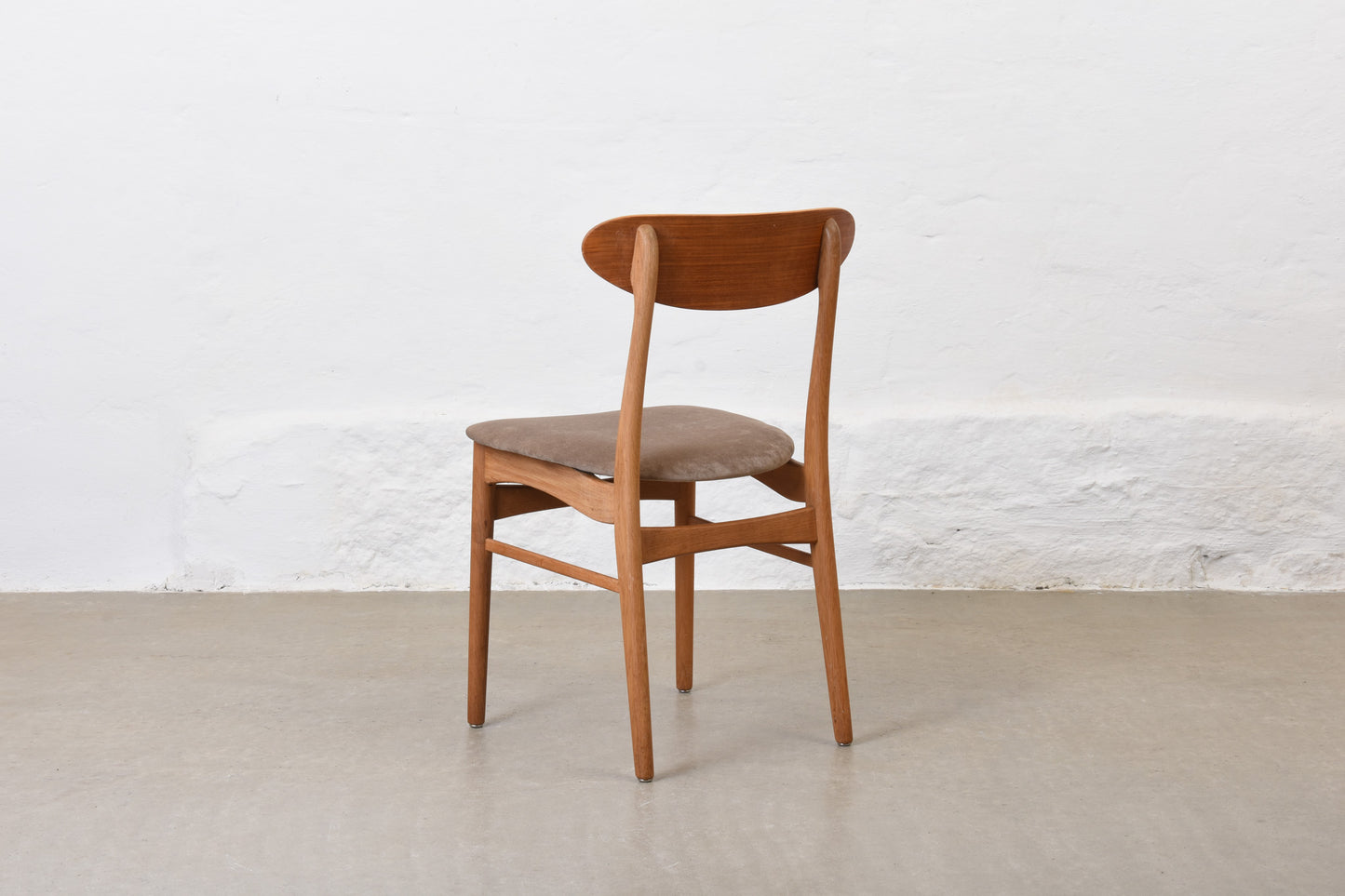 Newly reupholstered: 1960s set of four teak + oak dining chairs