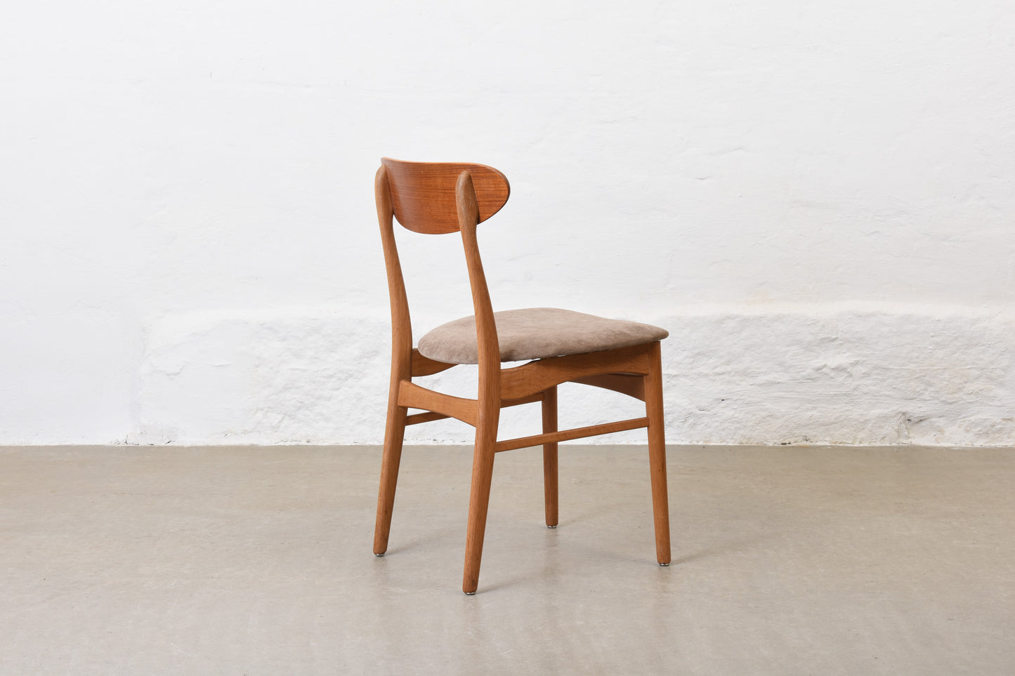 Newly reupholstered: 1960s set of four teak + oak dining chairs