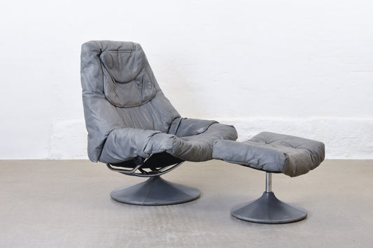 1980s Norwegian reclining leather lounger + ottoman
