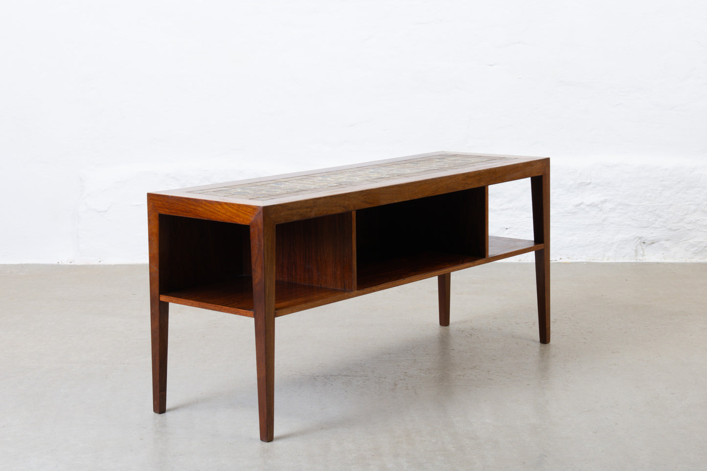 1960s rosewood + tile hallway/TV table by Haslev