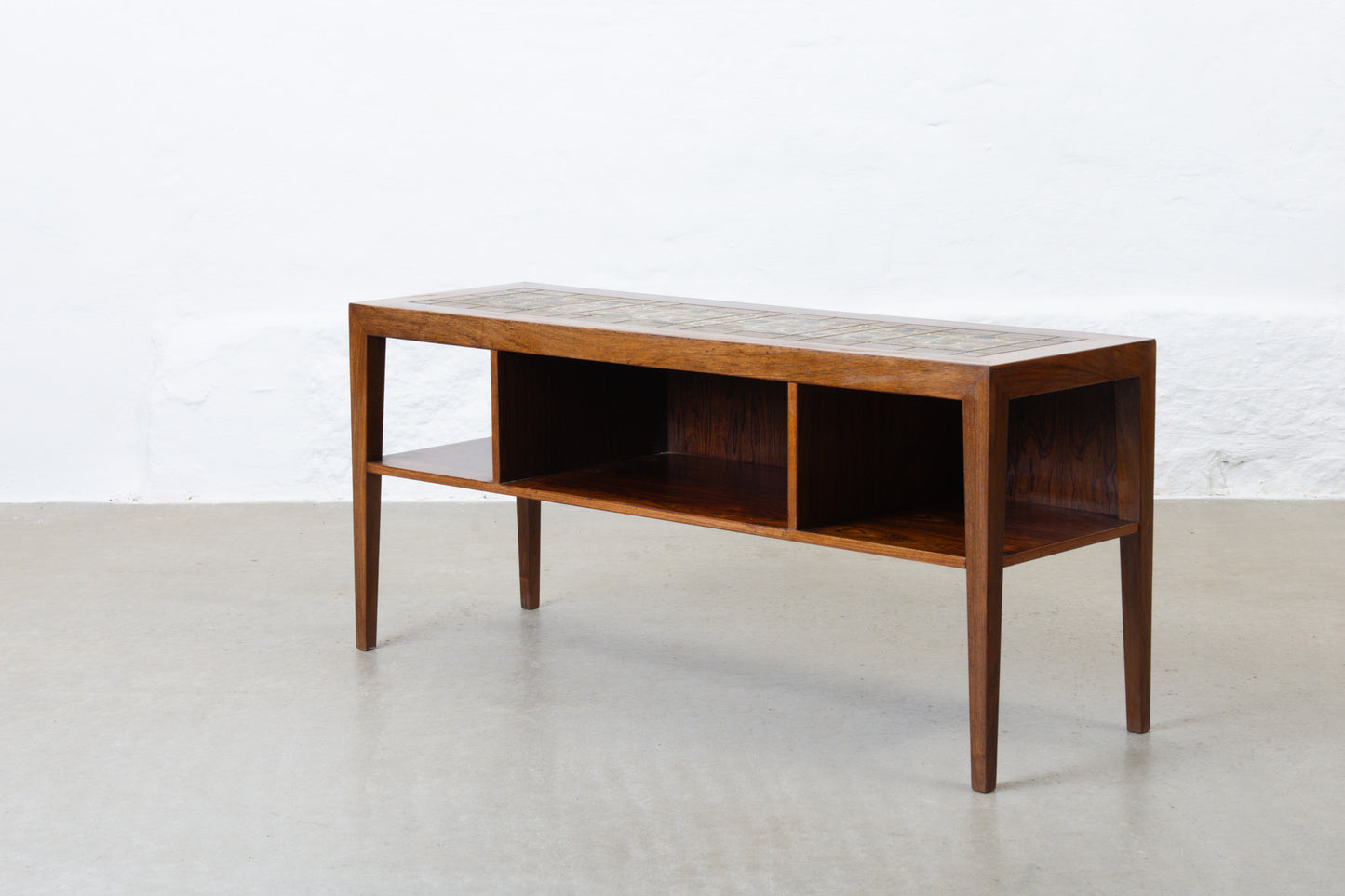 1960s rosewood + tile hallway/TV table by Haslev
