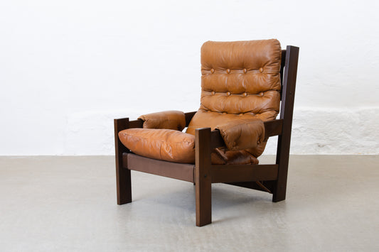 1970s high back beech + leather lounger