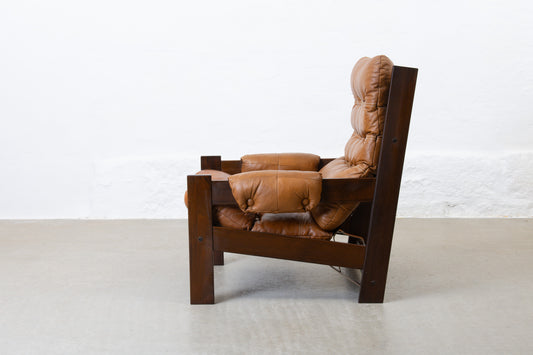 1970s high back beech + leather lounger
