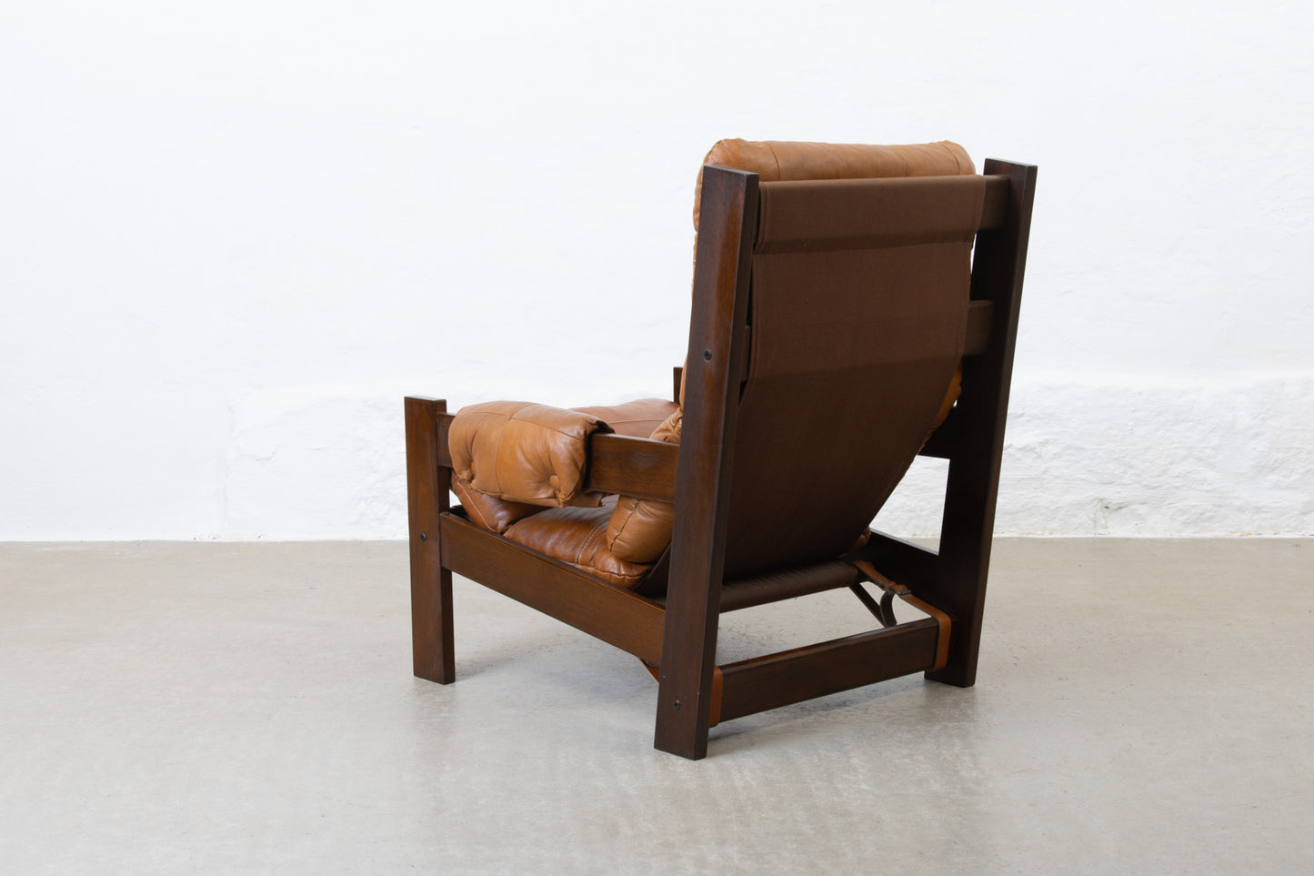 1970s high back beech + leather lounger