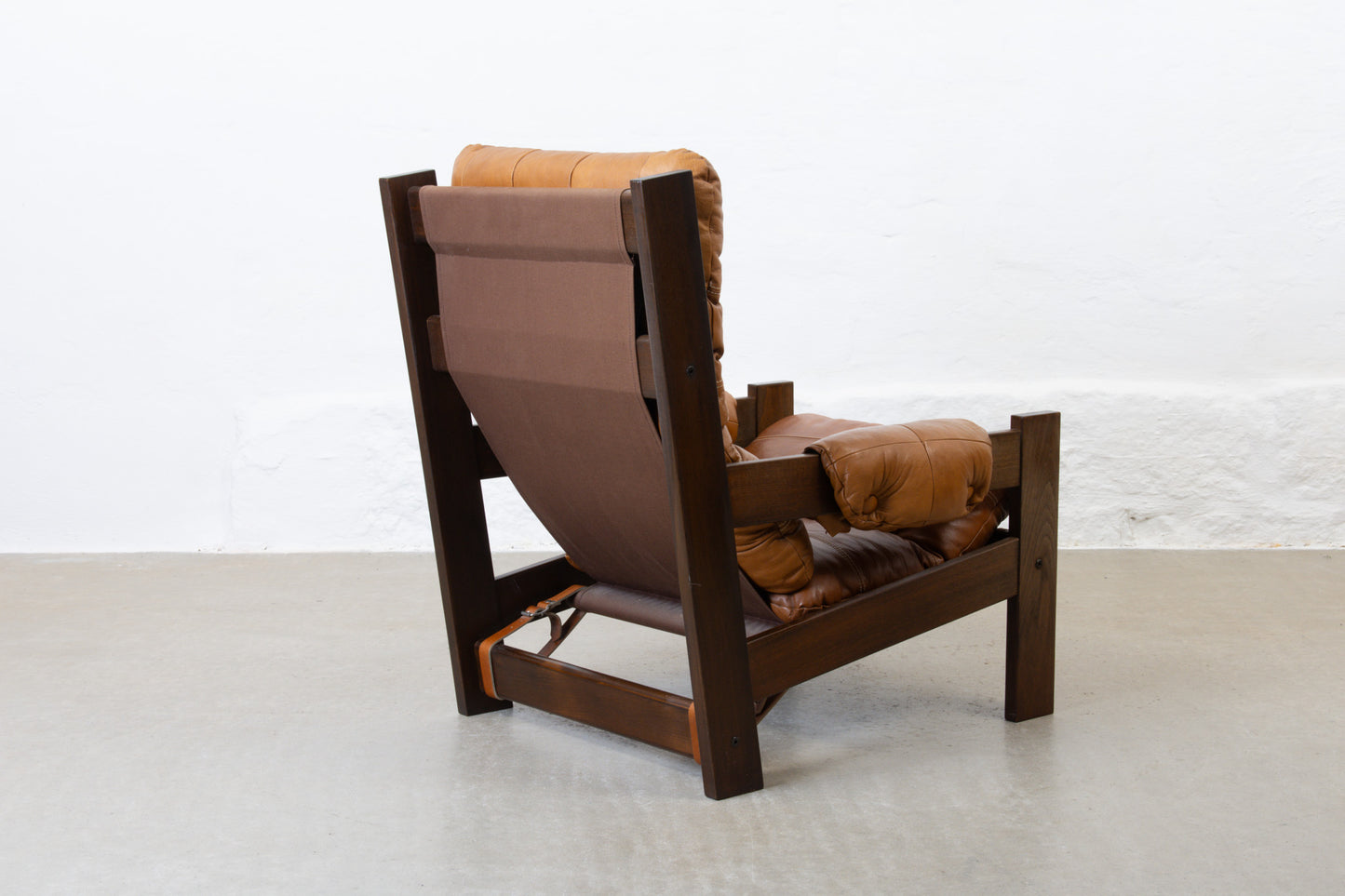 1970s high back beech + leather lounger