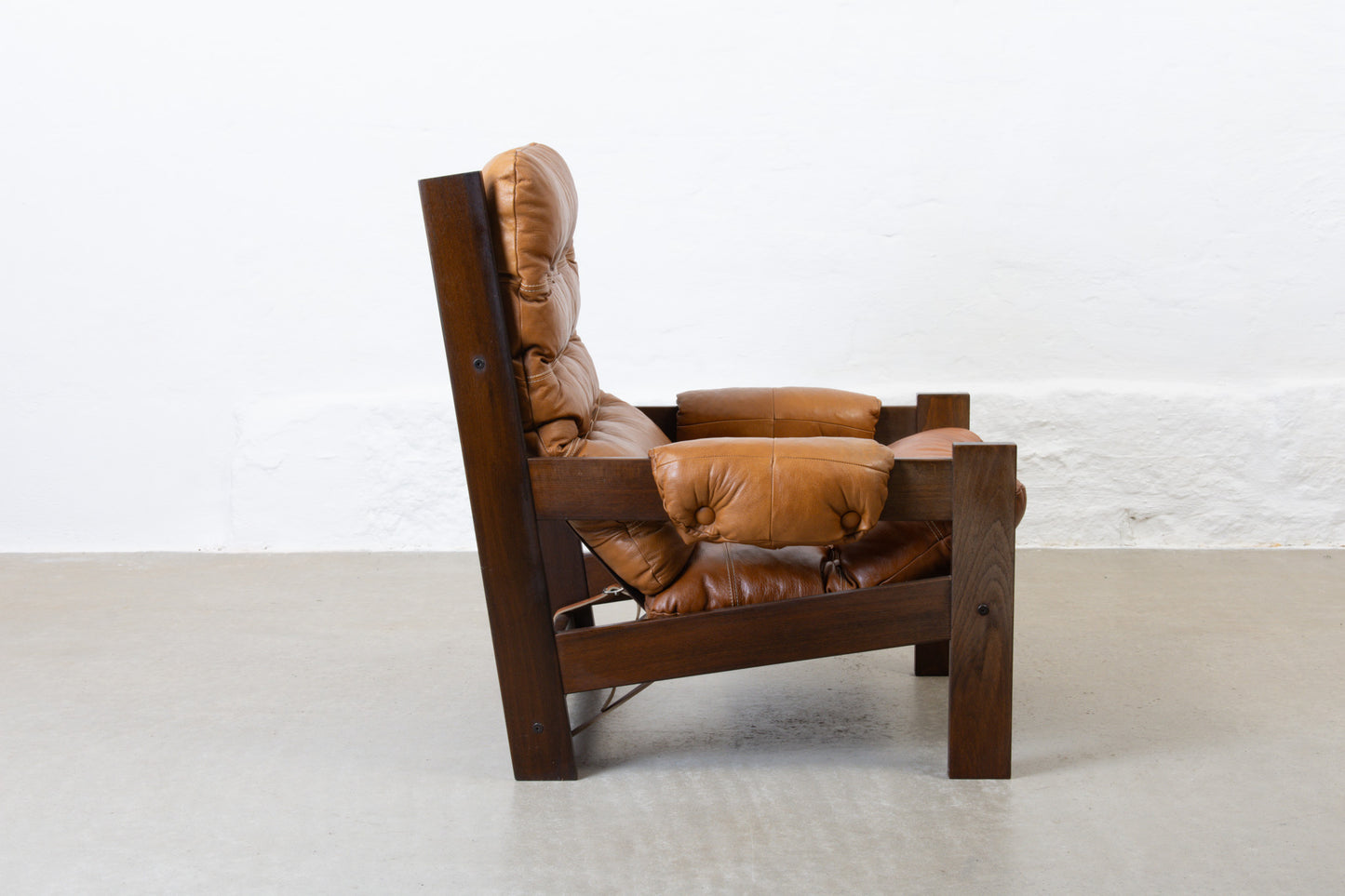 1970s high back beech + leather lounger