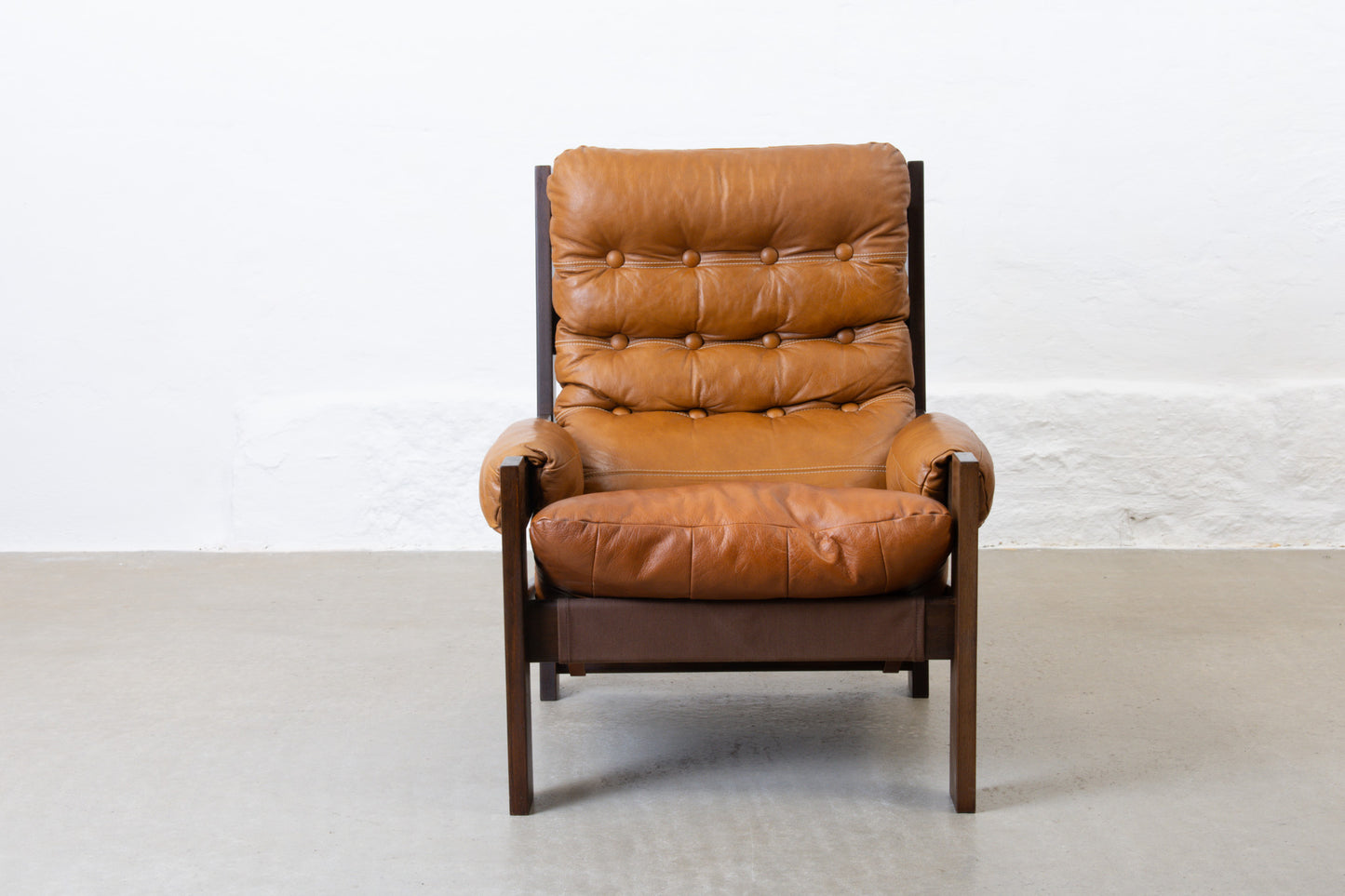1970s high back beech + leather lounger