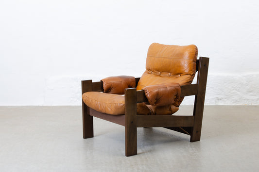 1970s low back beech + leather lounger