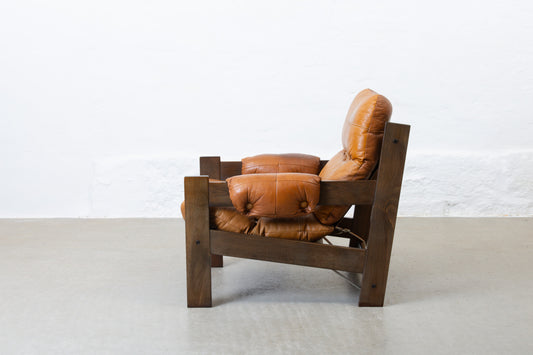 1970s low back beech + leather lounger