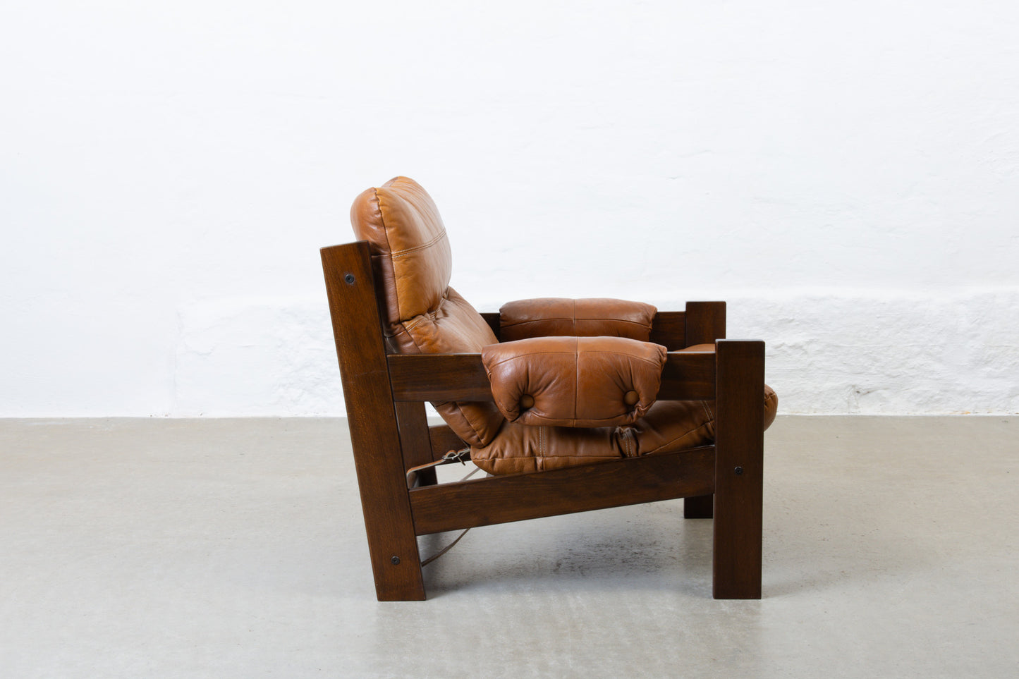 1970s low back beech + leather lounger