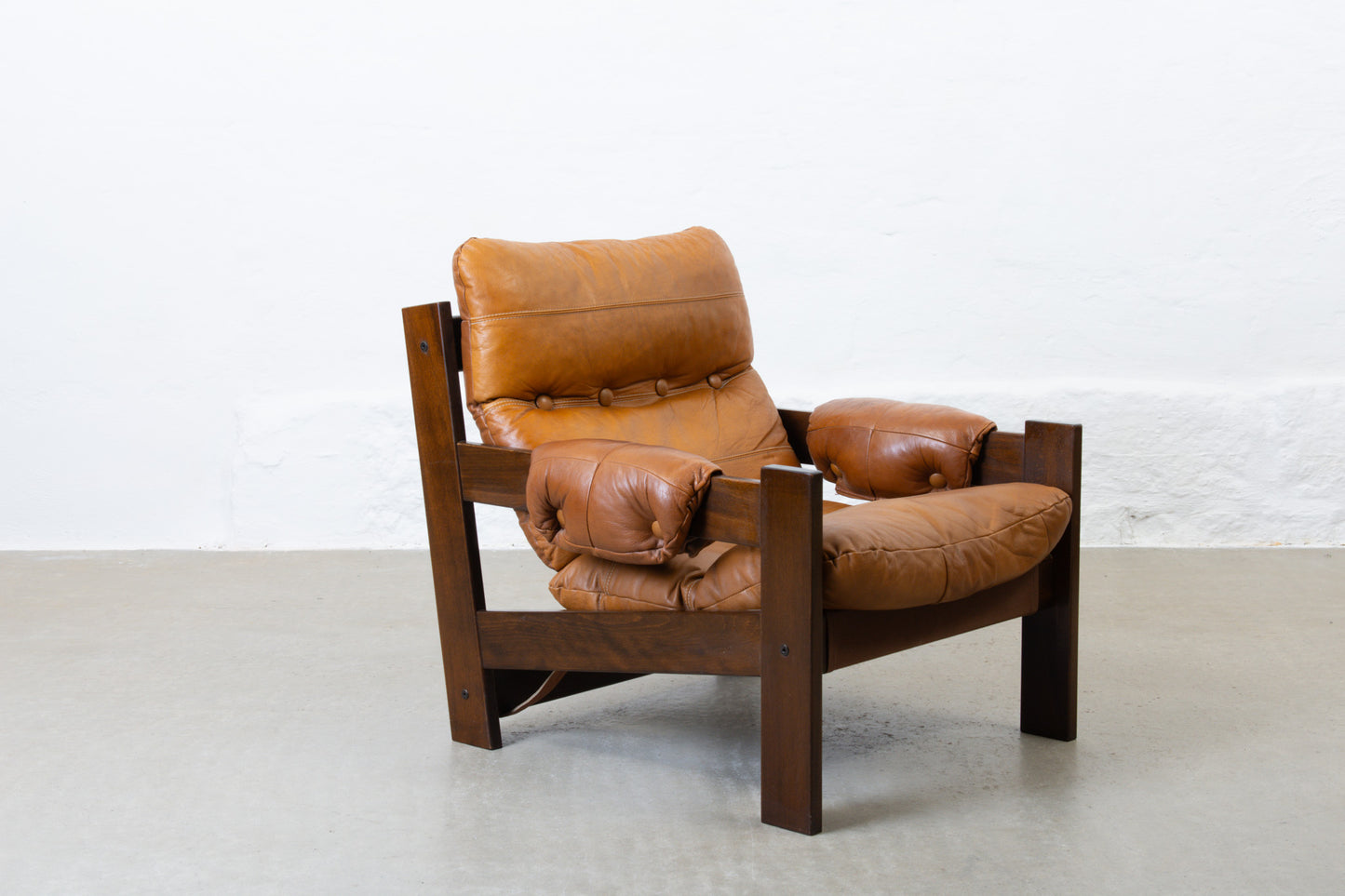 1970s low back beech + leather lounger