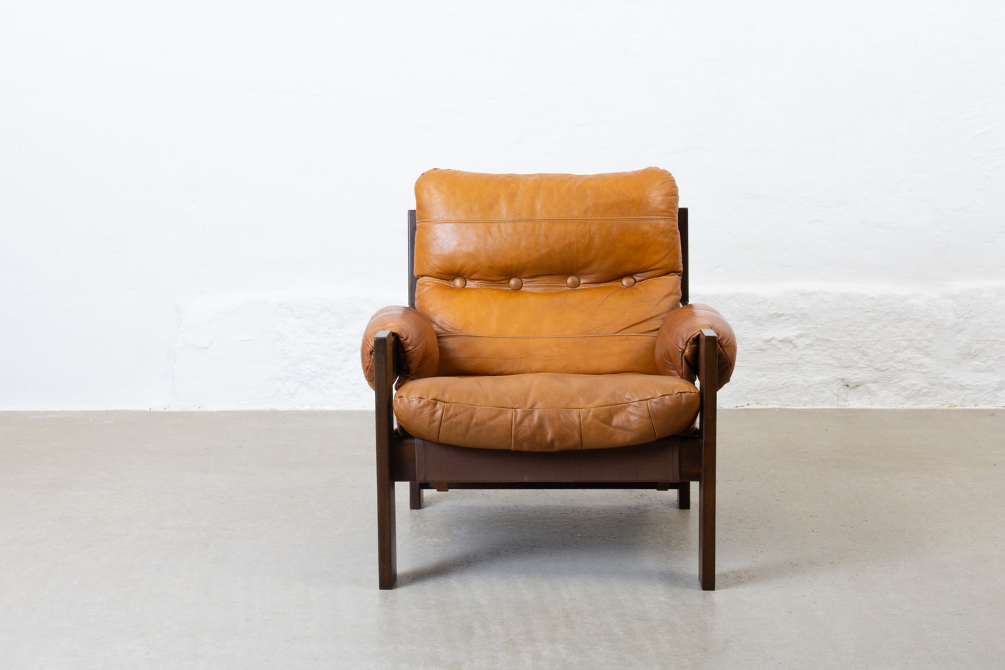 1970s low back beech + leather lounger