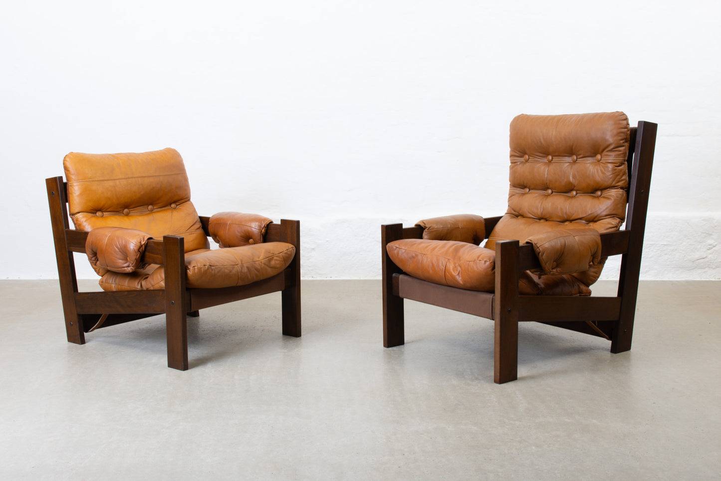 1970s low back beech + leather lounger