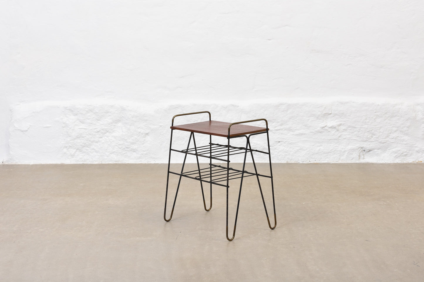 1950s teak + metal wire magazine table